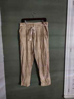 Womebs Beige Drawstring Linen Blend Pants